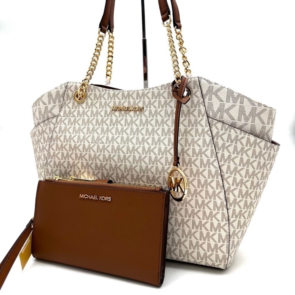 Michael Kors Large Jet Set Travel Chain Shoulder Bag & Double Zip Wallet Vanilla
